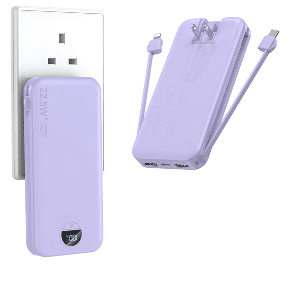 12000mAh Power Bank Built-in AC Wall Plug, USB-C & Lightning Cables, 22.5W Fast Charging, LED Display, Purple