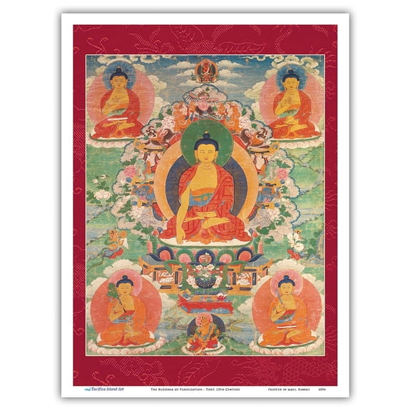 The Buddhas of Purification - Vintage Tibetan Thangka Buddhist Painting - Tibet, 13th Century - Master Art Print (Unframed) 9in x 12in