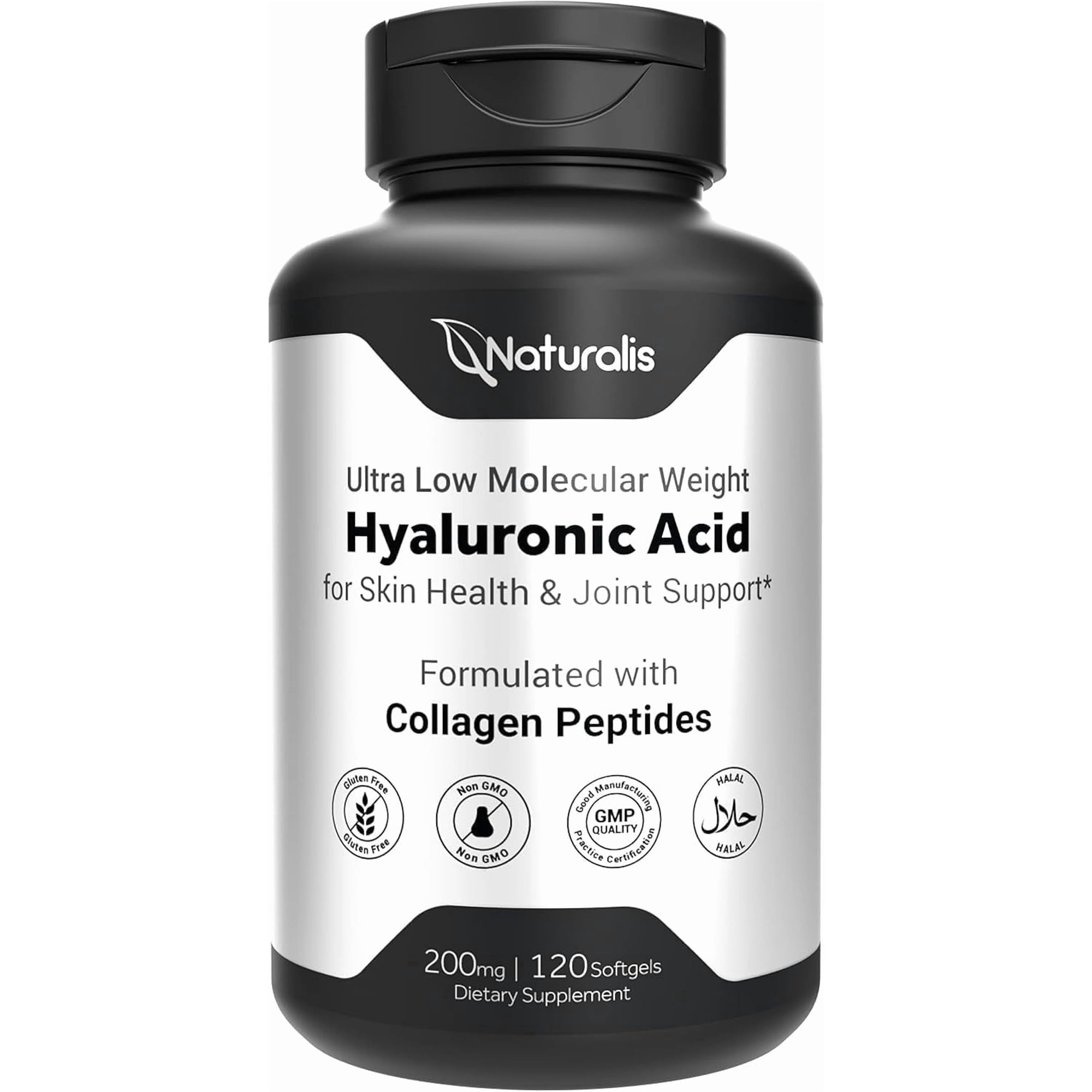 Naturalis Hyaluronic Acid 200mg, 10x Better Absorption Ultra Low Molecular Weight with Collagen, Biotin, Selenium & Vitamin E | Hair, Skin, Nails & Joint Supplements | 120 Softgels
