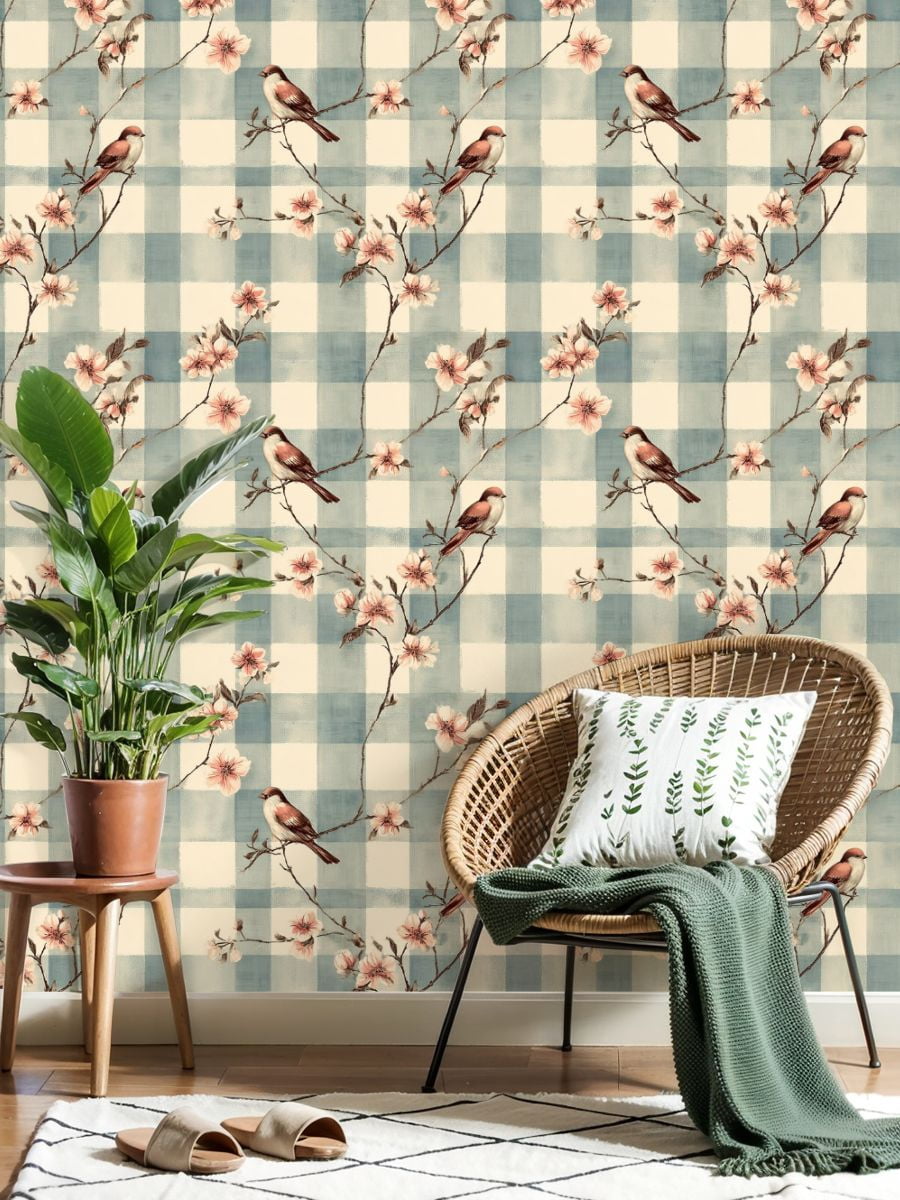 Peel and Stick Wallpaper Vintage Birds Floral Branches Blue White Checkered Wall Mural 17.7in x 9.8ft Self Adhesive Removable Wall Paper Renter Friendly Wallpaper for Nursery Bedroom Cabinets