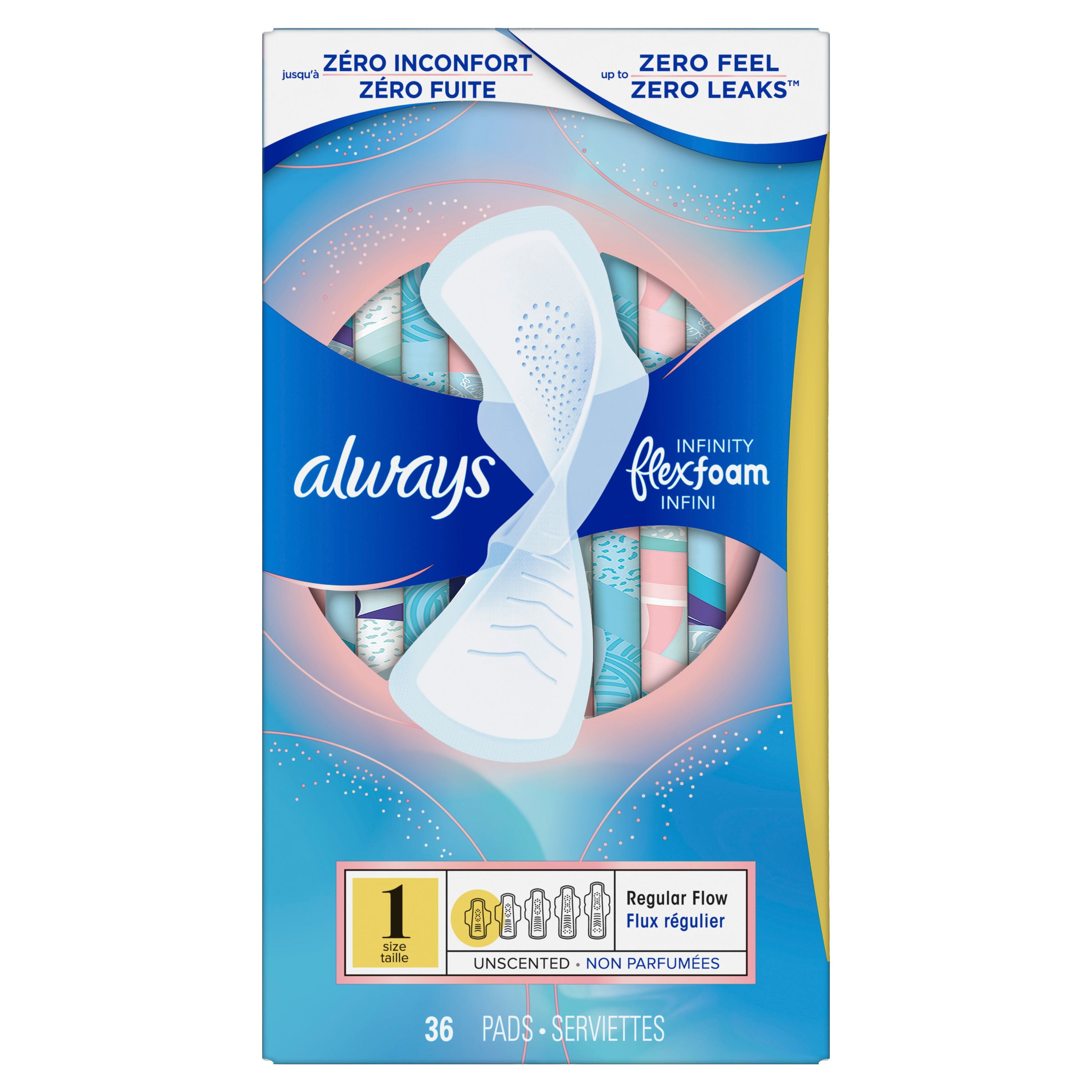 Always Infinity with FlexFoam Pads for Women, Size 1, Regular Absorbency, with Wings, Unscented