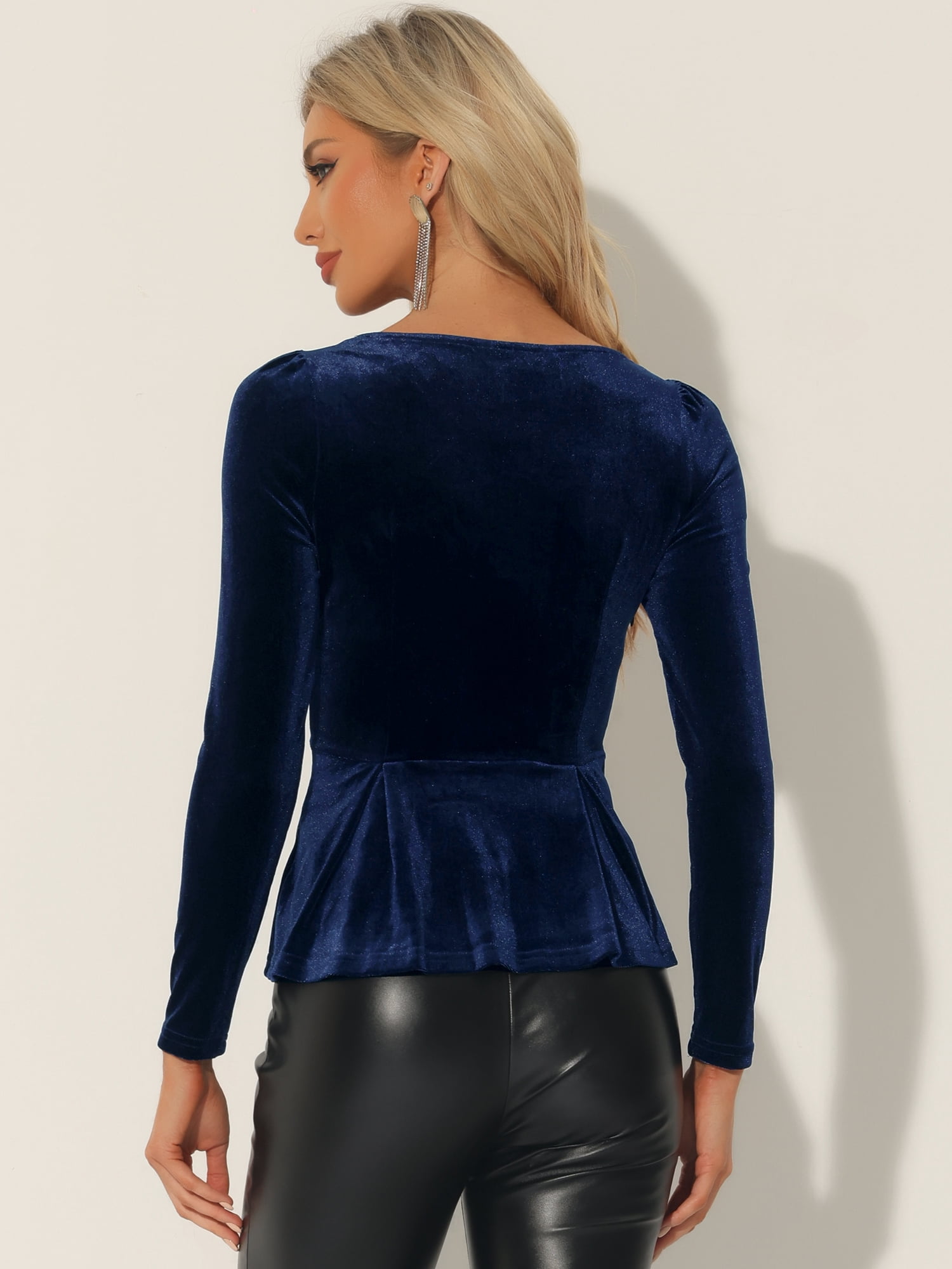 DARING DIVA Elegant Velvet Sweetheart Neck Peplum Top L Navy Blue