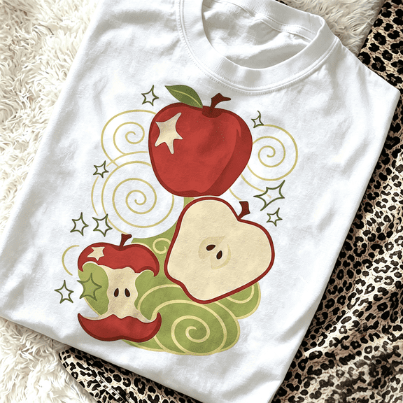 Cute Teacher Apple Women Graphic T‑Shirt, Retro Fruit Print Casual Short Sleeve Crew Neck Tee Top