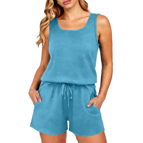 Matching Sets Women Clothing Casual Crew Neck Sleeveless Tank Top and Shorts with Pocket Summer 2 Piece Travel Outfits