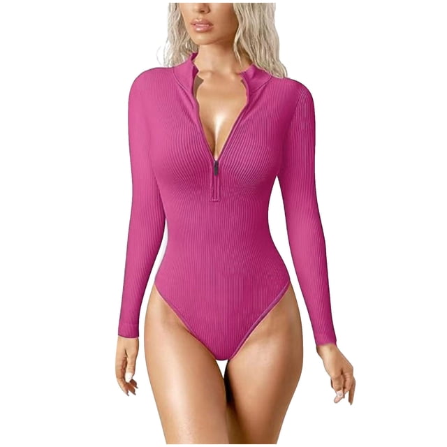 LOVZFMLL Combinaison à Manches Longues pour Femmes, Confortable et Respirante, Col Rond, Rose Vif P