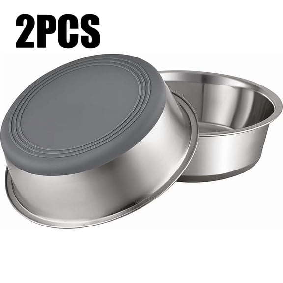 OFEFE 2-Pack Non-Slip Stainless Steel Dog & Cat Bowls - 2 Cup Capacity Pet Food & Water Bowls with Silicone Base for Small Pets Under 20lbs (5.5" Diameter, Metal & Silicone)