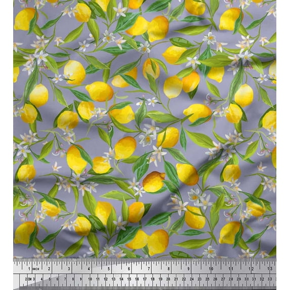 Soimoi Poly Georgette Fabric Leaves,Floral & Lemon Vegetable Fabric Prints by Yard 52 Inch Wide