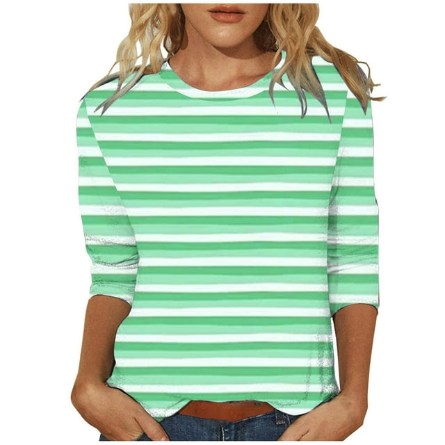 Lenpel T-Shirts à Manches 3/4 pour Femmes, Tendance, Col Rond, Tunique Rayée, T-Shirts Décontractés Amples, Blouses (Vert Armée, Petit)