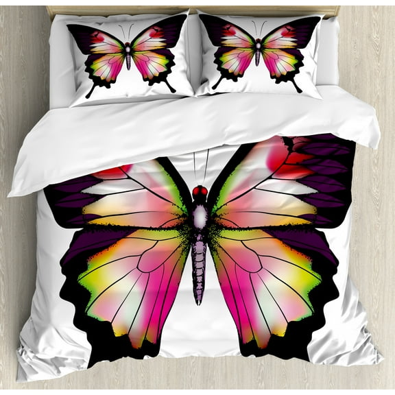 Swallowtail Butterfly King Size Duvet Cover Set, Lively Wildlife Animal with Antennas in Fantastic Dreamlike Colors, Decorative 3 Piece Bedding Set with 2 Pillow Shams, Multicolor, by Ambesonne