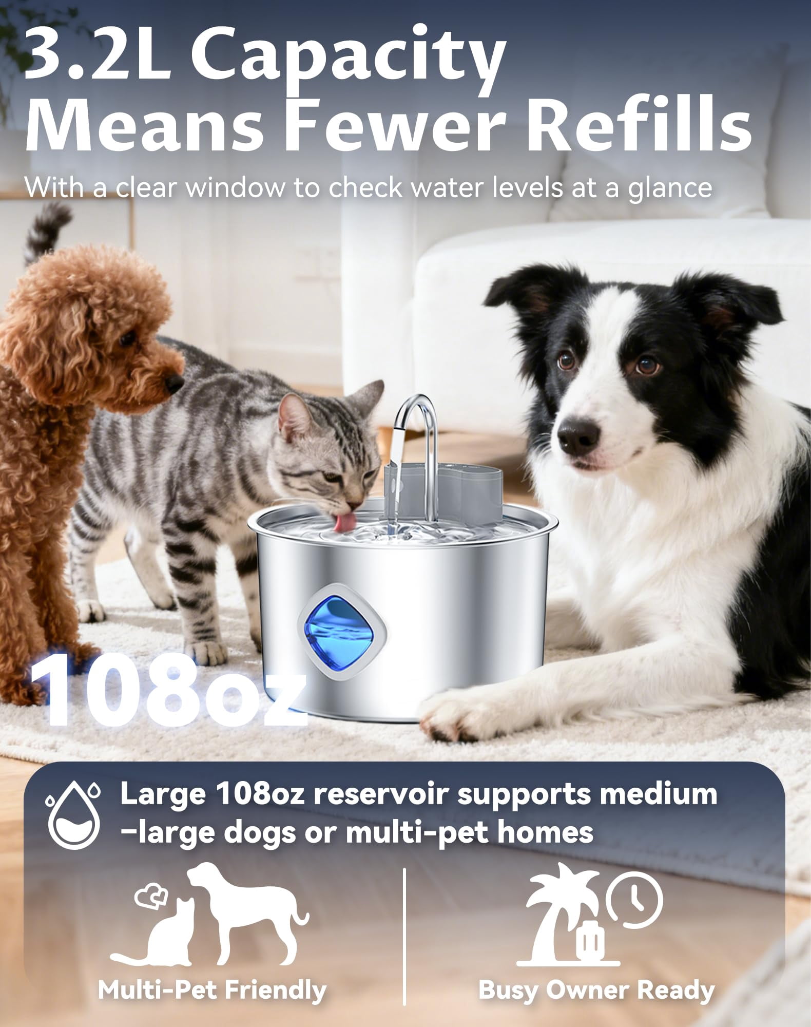 WAAYEE Motion‑Sensor Cordless Dog Water Fountain, 3.2L Rechargeable Pet Water Bowl, 3 Smart Dispensing Modes, Quad Filtration & Continuous Water Flow, Stainless Steel Easy‑to‑Clean, Quiet Pump