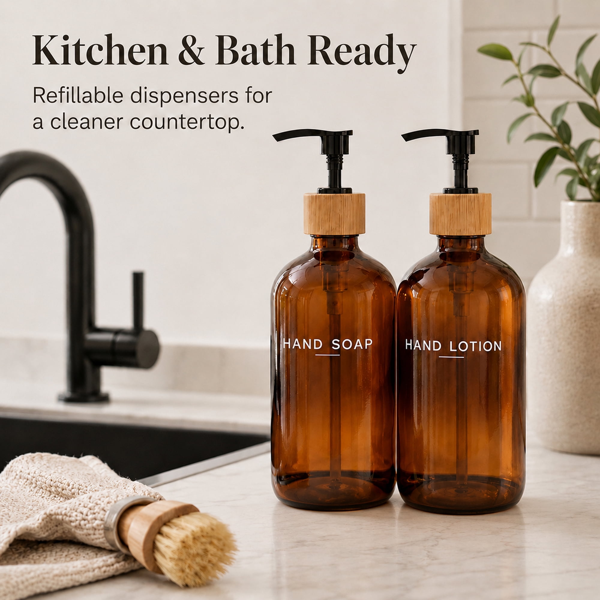 Glass Soap and Lotion Dispenser Set, 2 Pack Refillable Hand Soap and Dish Soap Bottles with Black Pumps, 16 oz Countertop Dispensers for Kitchen Sink, Bathroom Vanity, Amber and Clear