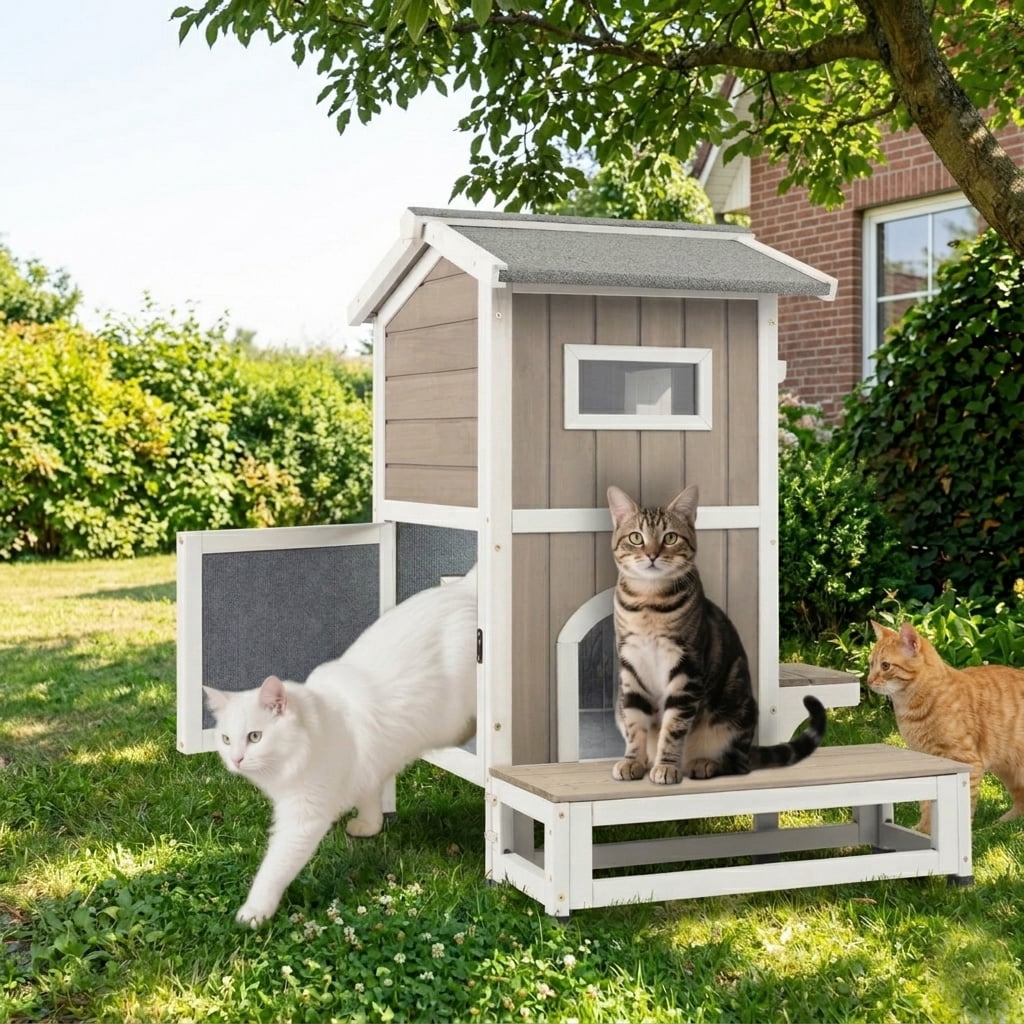 Petsblublu Insulated Outdoor Weatherproof Cat House Two Story Cats Shelter for Winter, with Jumping Platforms