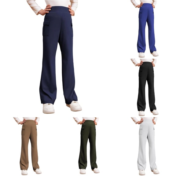 OSOLU Girls School Uniform Pants School Flare Leggings For Kids Stretchy Soft High Waisted Bootcut Pants With Pockets 5-16Y
