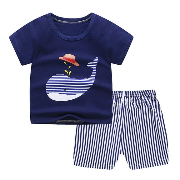 Sjldqy Baby Boys Clothes Sets Casual Outfits Graphic Tees Crew Neck Short Sleeve And Striped Shorts Set Summer Everyday Wear Boys Outfits Size 12-18 Months Dark Blue