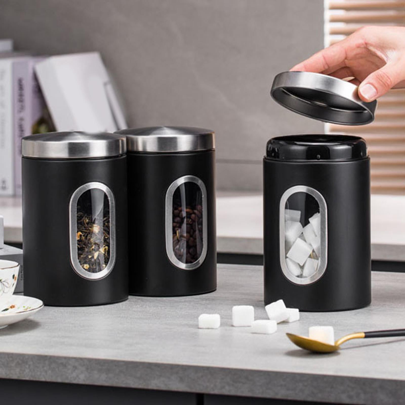 3 Pieces Stainless Steel Food Storage Jars Organization Container Airtight Transparent with Lid Kitchen Storage Canister Set Black