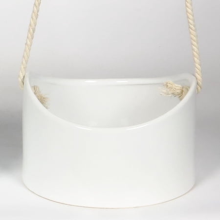 White Glazed Ceramic With Rope Hanger Hanging Planter