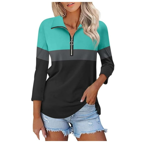 Women's V Neck Polo Shirt 3/4 Sleeve Quarter Zip Collared Tops Color Block Casual Dressy Fall Ladies Blouses