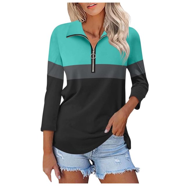 WEAIXIMIUNG T-Shirts Graphiques Femmes Manches 3/4 Col en V Chemise à Col à Fermeture à Glissière Chandail en Molleton