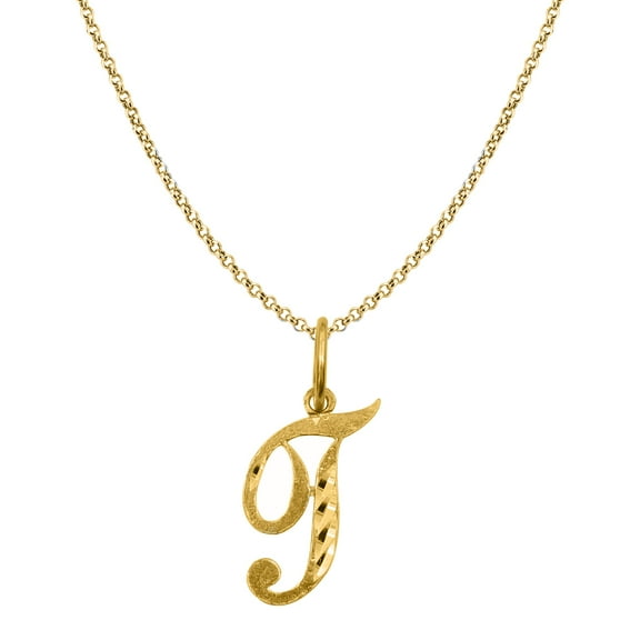 Genuine 14K Yellow Gold 0.78" Fancy Cursive Letter Initial T Necklace 16", 18", 20", 22" Trendy Charm Initial Necklaces for Women