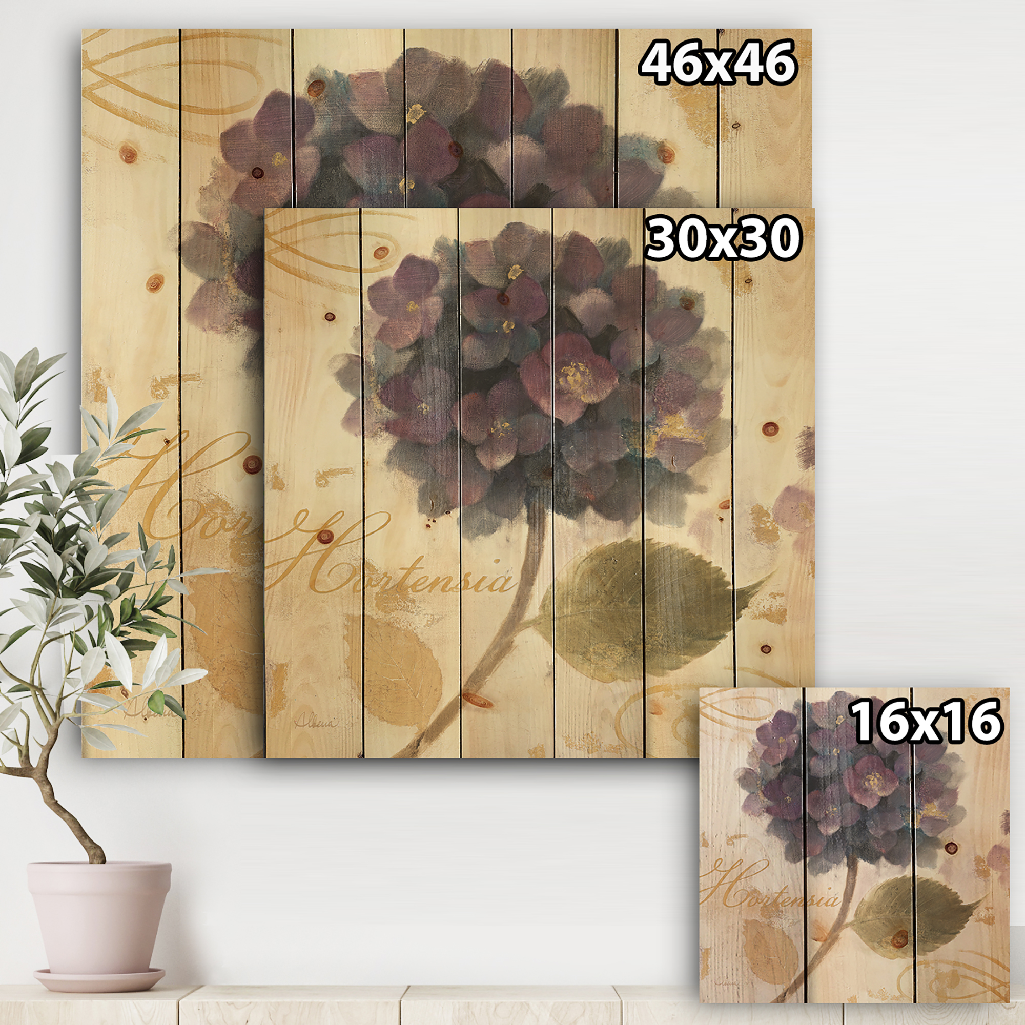 Designart 'Abundant Purple Hydrangea Flower I' Floral Cottage Print on Natural Pine Wood