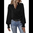 thumbnail image 3 of Camisa Elegante de Color Liso con Escote en V y Mangas Farol para Mujer Negro L, 3 of 9