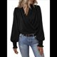 thumbnail image 3 of Camisa Elegante de Color Liso con Escote en V y Mangas Farol para Mujer Negro M, 3 of 9