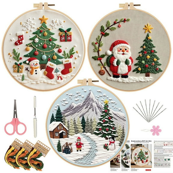 3Pcs Christmas Embroidery Kits for Beginners DIY Cross Stitch Craft Set with Hoops Threads and Patterns Holiday Ornament Embroidery Kit for Gift