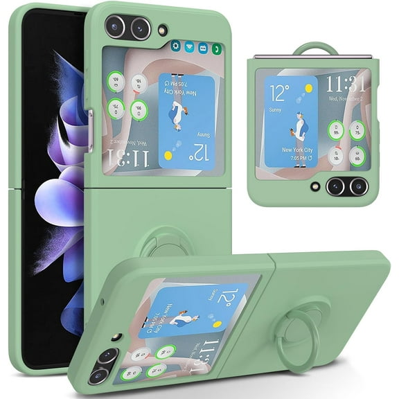 Case for Samsung Galaxy Z Flip 5 5G, Slim Liquid Silicone Phone Case with 360 Rotatable Ring Holder Kickstand Fashion Magnetic Car Mount Shockproof TPU Bumper Cover - Green