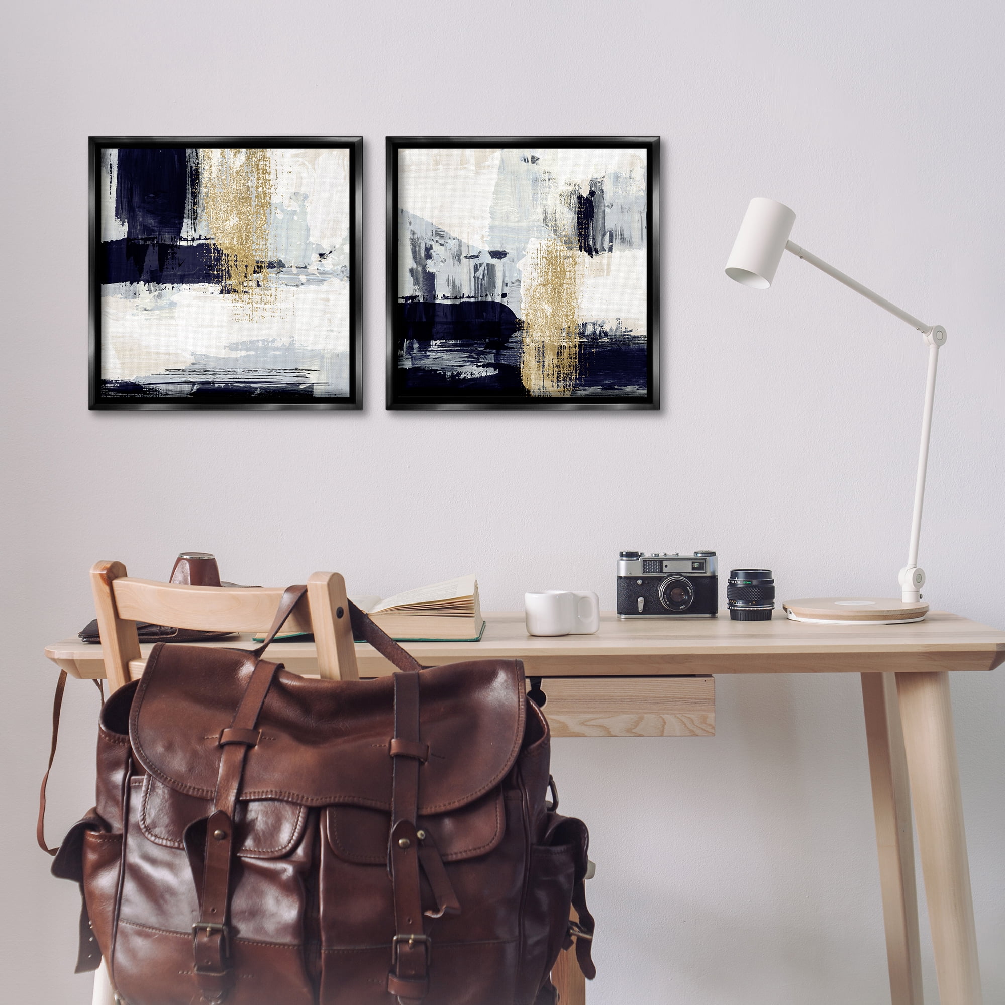 Stupell Industries Patchy Navy Gold Abstract Abstract Painting Black Floater Framed Canvas Art Print Wall Art, 18 x 18, Set of 2