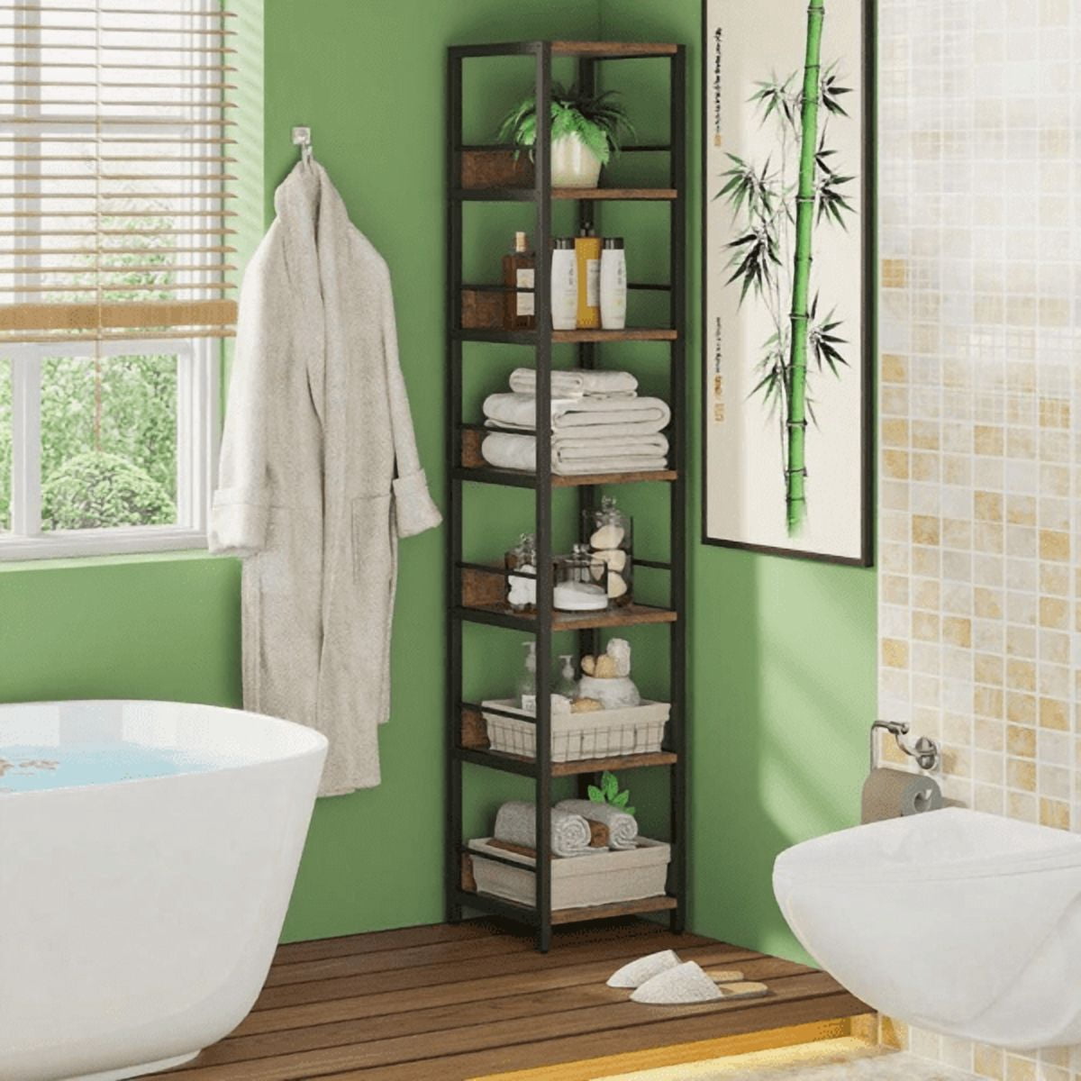 6-Tier Corner Bookshelf, Space-Saving Storage Rack with Fences, Solid Particleboard & Metal Frame, Multipurpose for Living Room, Kitchen, Bathroom