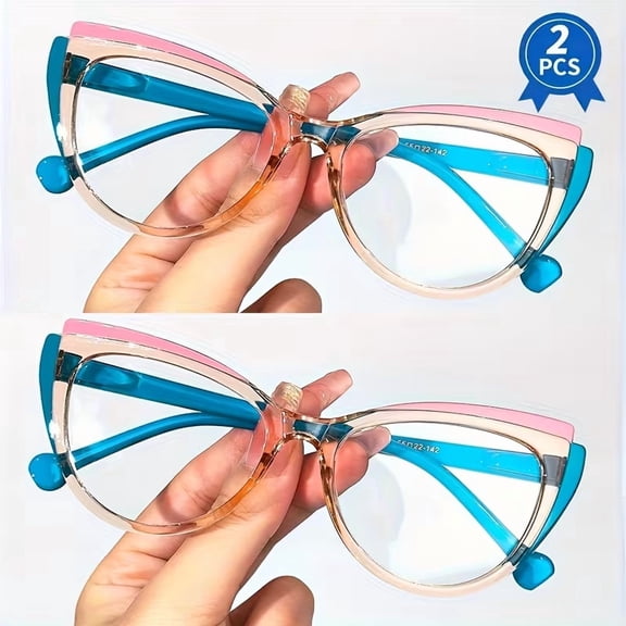 2 Pack Y2K Color Block Reading Glasses for Women and Men, Fashion Readers with Pink & Teal Frames, 1.00 to 4.00 Magnification