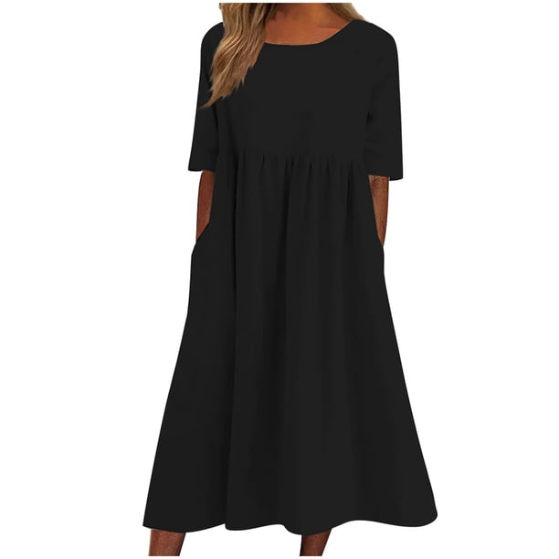 Moda mujer casual sexy cuello redondo sólido verano manga corta bolsillos vestido Fridja bnh2447