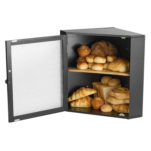 KFFKFF Corner Bread Box for Kitchen Counter, Double-Layer Bamboo Bread Storage Container, Wooden Breadbox with Large Capacity and Acrylic Wavy Door, Black