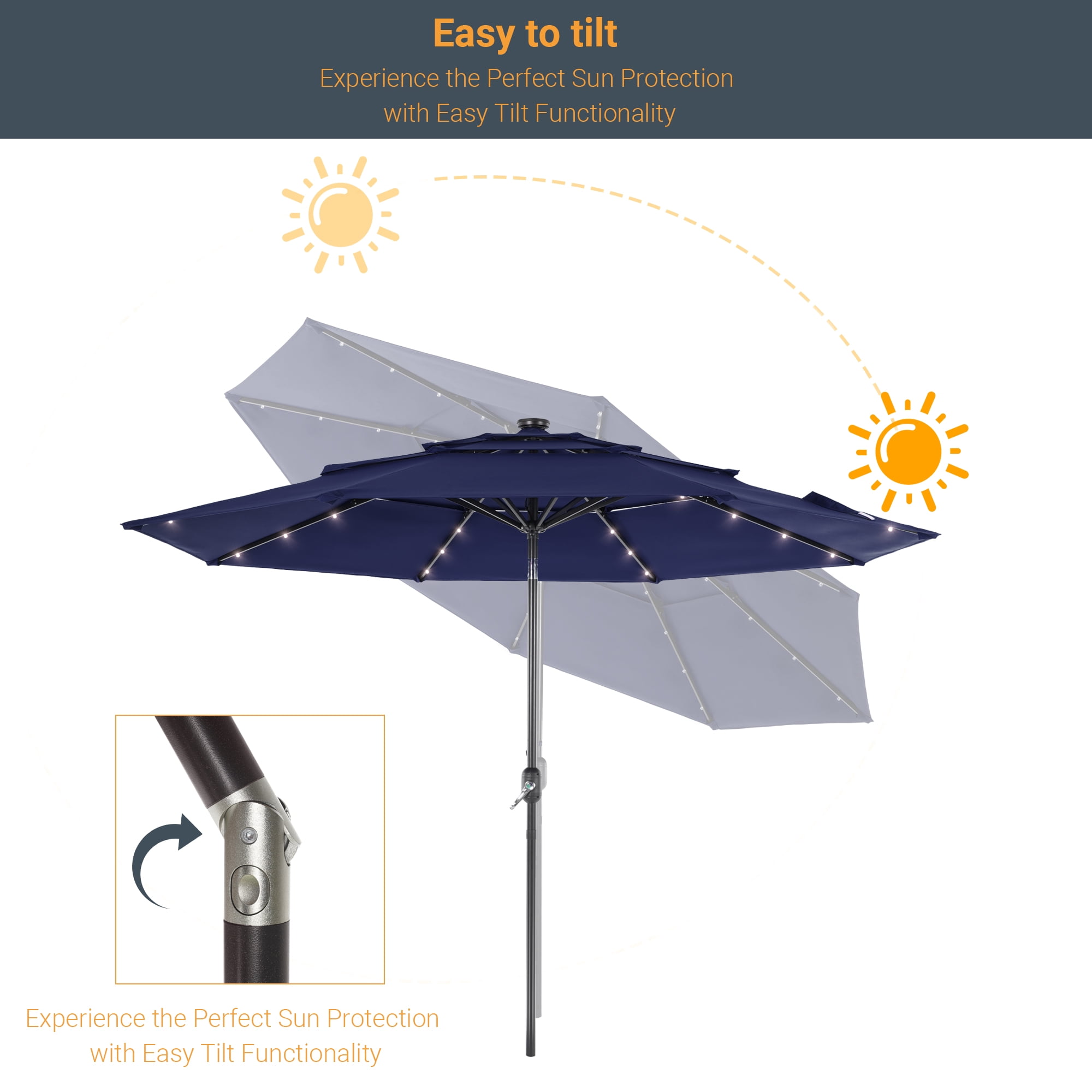 ACEGOSES 10ft LED 3 Tiers Patio Market Umbrella Outdoor with Ventilation for Garden, Deck and Pool,Navy Blue