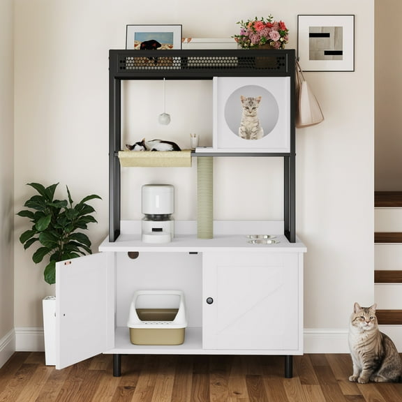 Uforic Cat Litter Box Enclosure, Large Indoor Hidden Wooden Cat Furniture with Shelves & USB & Type-C Outlets, White