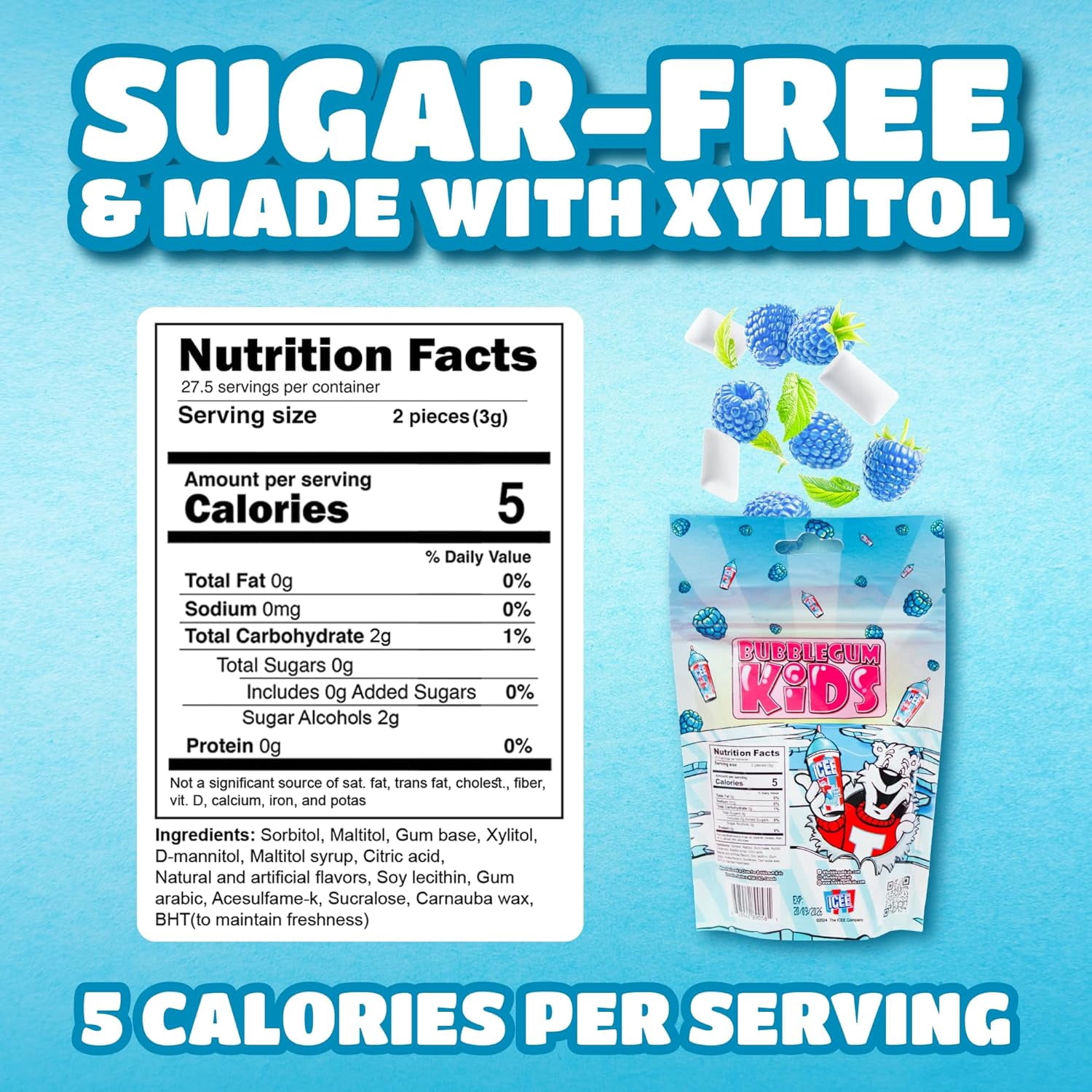 Bubblegum Kids ICEE Sugar Free Gum with Xylitol, Low Calorie Chewing Gum, Blue Raspberry Flavor, 10-Pack (55 Count/Pack)