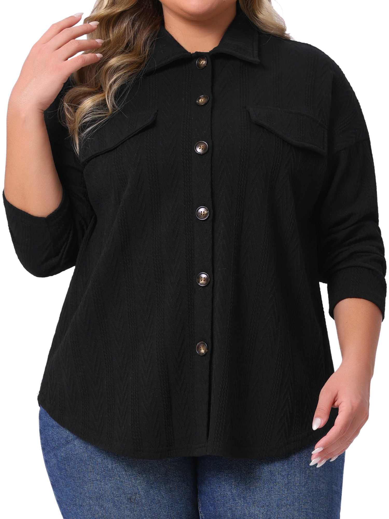 DARING DIVA Women's Plus Size Knit Casual Long Sleeve Button Down Shirts 2X Black