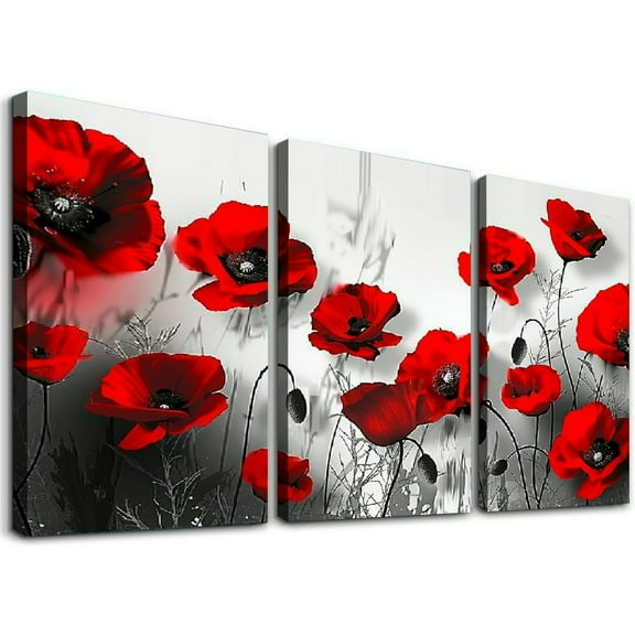 Ullo0ord Red Poppy Wall Art Room Aesthetic Poster on Black and White Background Decorative Painting Landscape Canvas Painting Wall Art Poster for Bedroom Living Room Decor