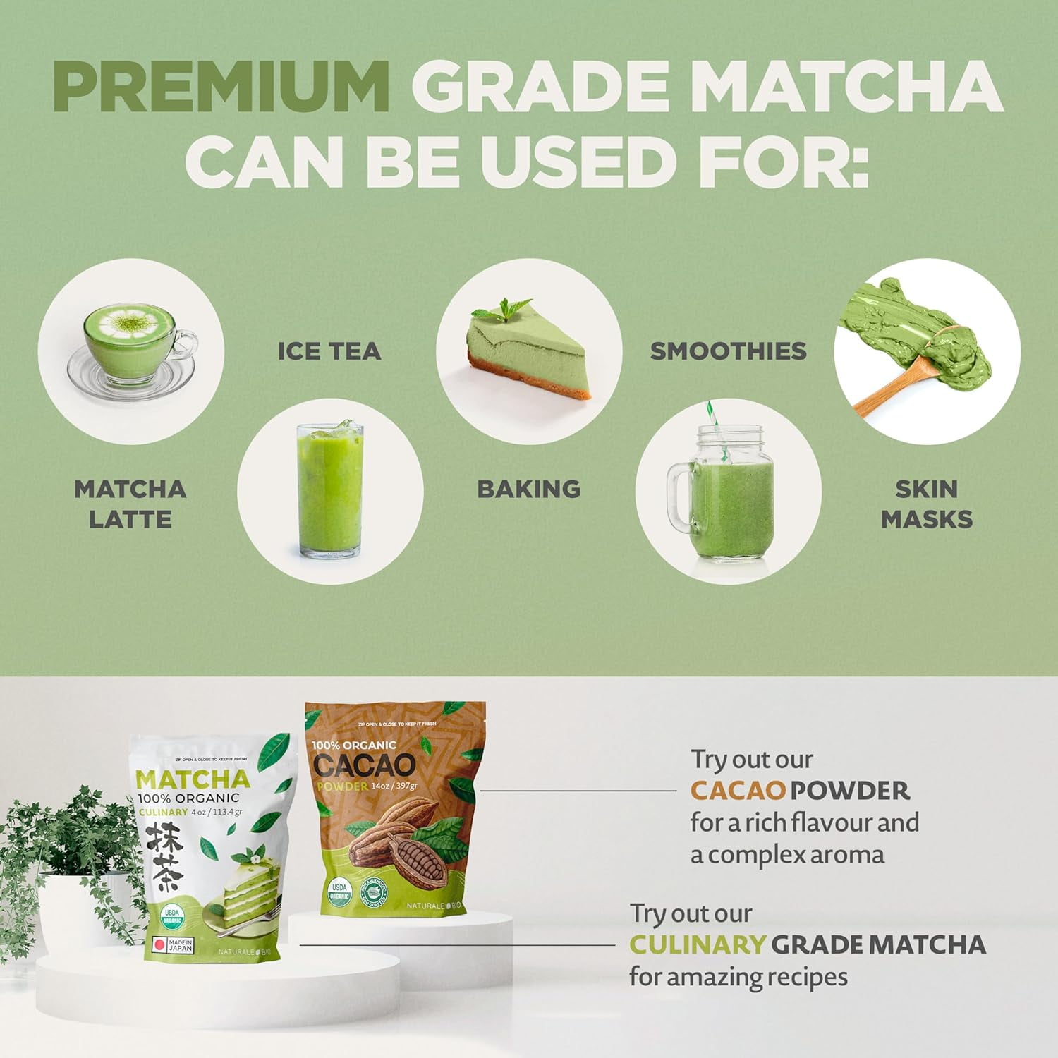 NaturaleBio Organic Matcha Green Tea Powder USDA Organic, Gluten-Free 4 oz