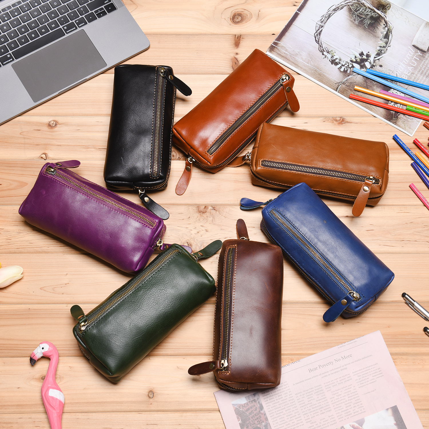 WONDERPOOL Pen Case Real Leather Pencil Pouch Markers Holder Big Capacity Bag with Side Zippered Pocket Sleeve for Stationery Makeup Utensils Organizer (Green)