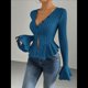 thumbnail image 5 of Camiseta Elegante de Larga con Cuello en V para Mujer, Otoño e Invierno, con Volantes, Corte Entallado y Mangas Acampanadas Azul L, 5 of 9
