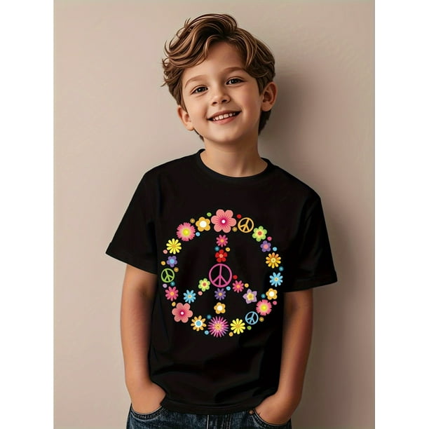 Hippie Peace Sign Flower Power Peace Sign World Peace Novelty Aesthetic Graphic Kid T-Shirt Fashion Kid T Shirts Trending Tops Tees for Kid