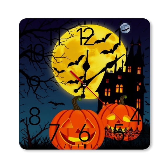 RKSupls 10×10inch Square Silent Wall Clock Wooden Frame, Halloween Pumpkins Haunted House Scale Decorative Clock for Home Bedroom Living Room Office