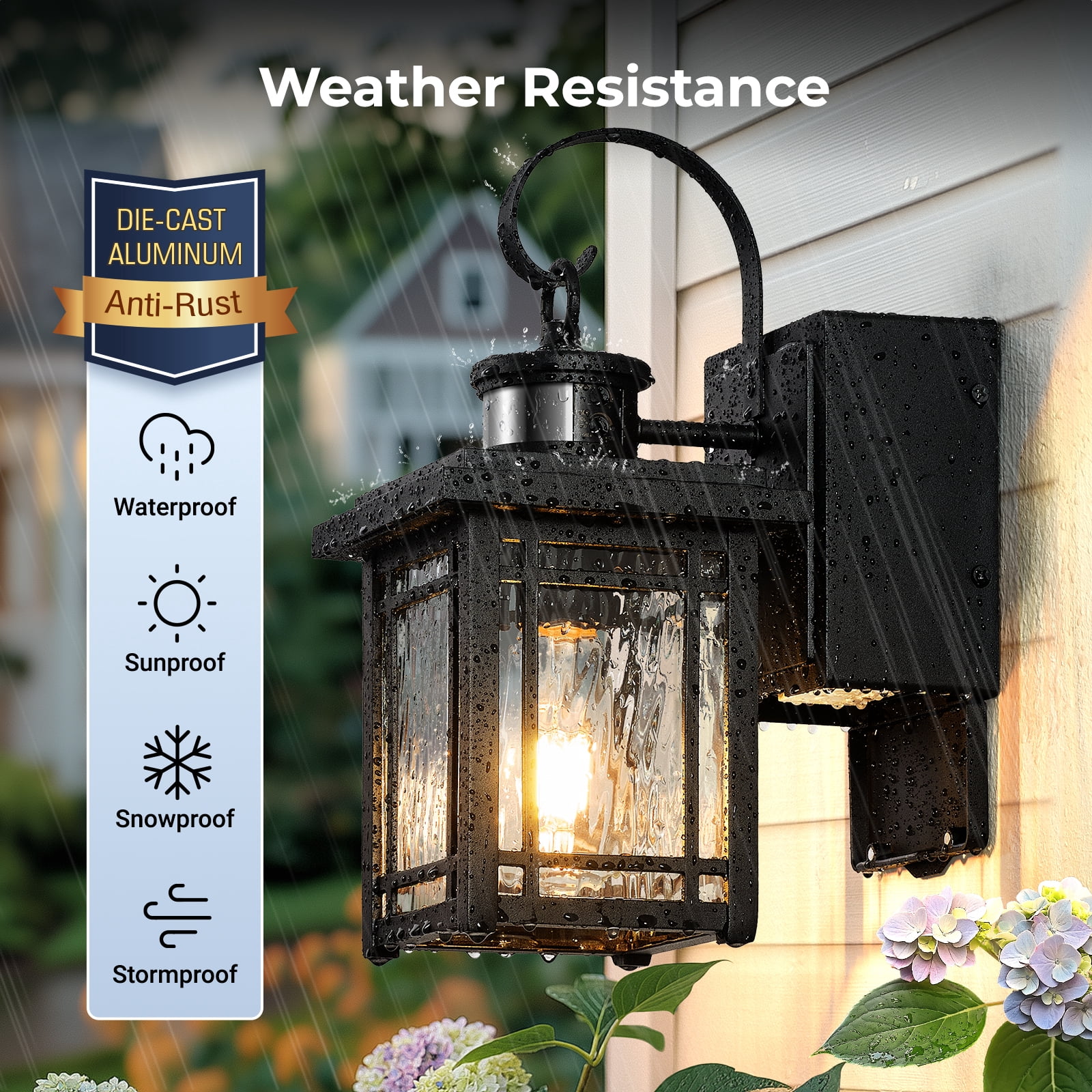 OPAXIS Led Porch Light with GFCI Outlet, Motion Sensor Outdoor Light Fixtures Wall Mount, Black Carriage Lights Exterior with Ripple Glass, Anti-Rust Outside Garage Lights for Patio, Front Door