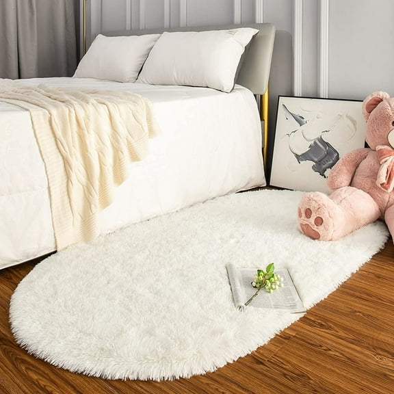 Softlife Cute Fluffy Oval Rug for Bedroom Soft Carpet, 2.6' x 5.3' , Off-White
