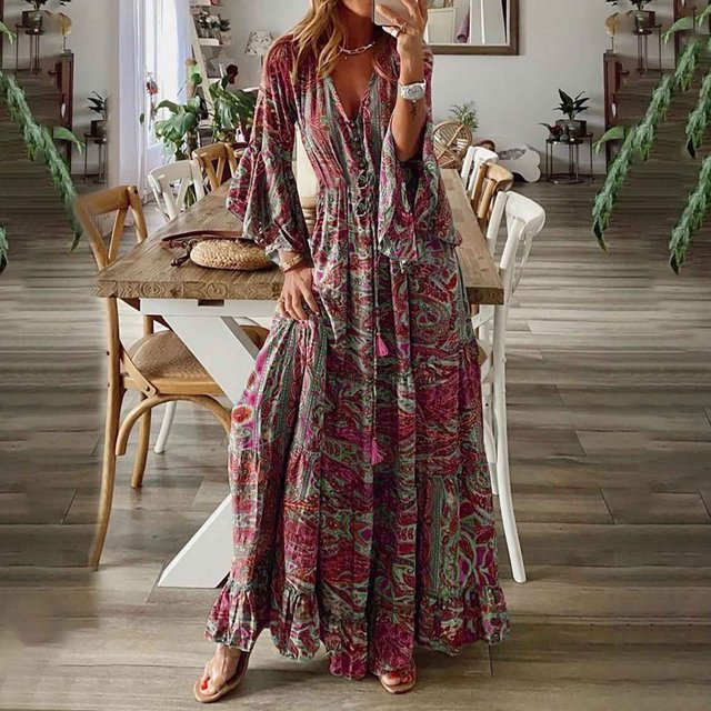 LOVZFMLL Mode Femmes Col en V Imprimé Manches 3/4 Patchwork Robe Longue Décontractée Rouge TG
