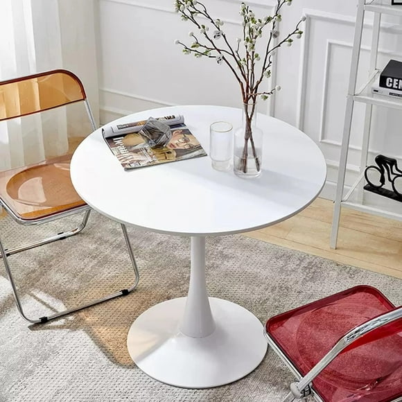 White Round Table, Modern Dining Table, 24 Inch MDF Top and Steel Base, Modern Kitchen and Living Room Table