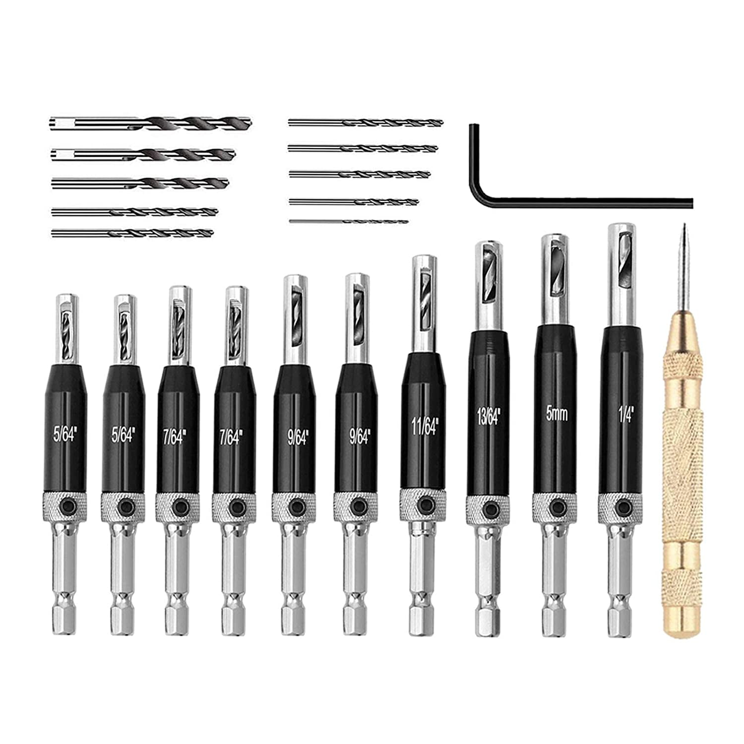 PENFU Drill Hinge Hole Puncher Drill Bit Set Professional Hinge Hole Puncher Self Centering Drill Bit with Hex Wrench for Carpenters Woodworking Door Window Tool
