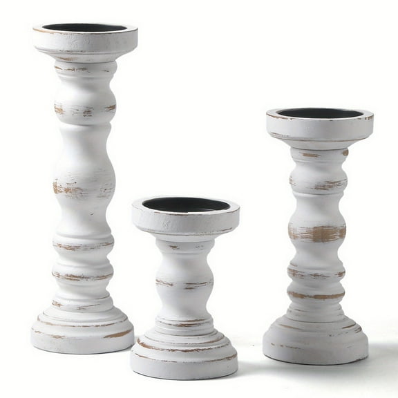 Wood Candle Holders for Pillar Candles - Set of 3 Tall Farmhouse Wooden Candlestick Holder, Rustic Candle Stand for Fireplace Mantle Shelf Table Home Decor, Brown Whitewashed