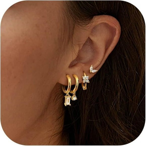 shiyou-4 Pairs Dainty Gold Stud Earrings for Women 14k Gold Plated Earring Sets for Multiple Piercing Hypoallergenic Small Hoop Earring Stack Sensitive Earrings Stackable Hoops Earings